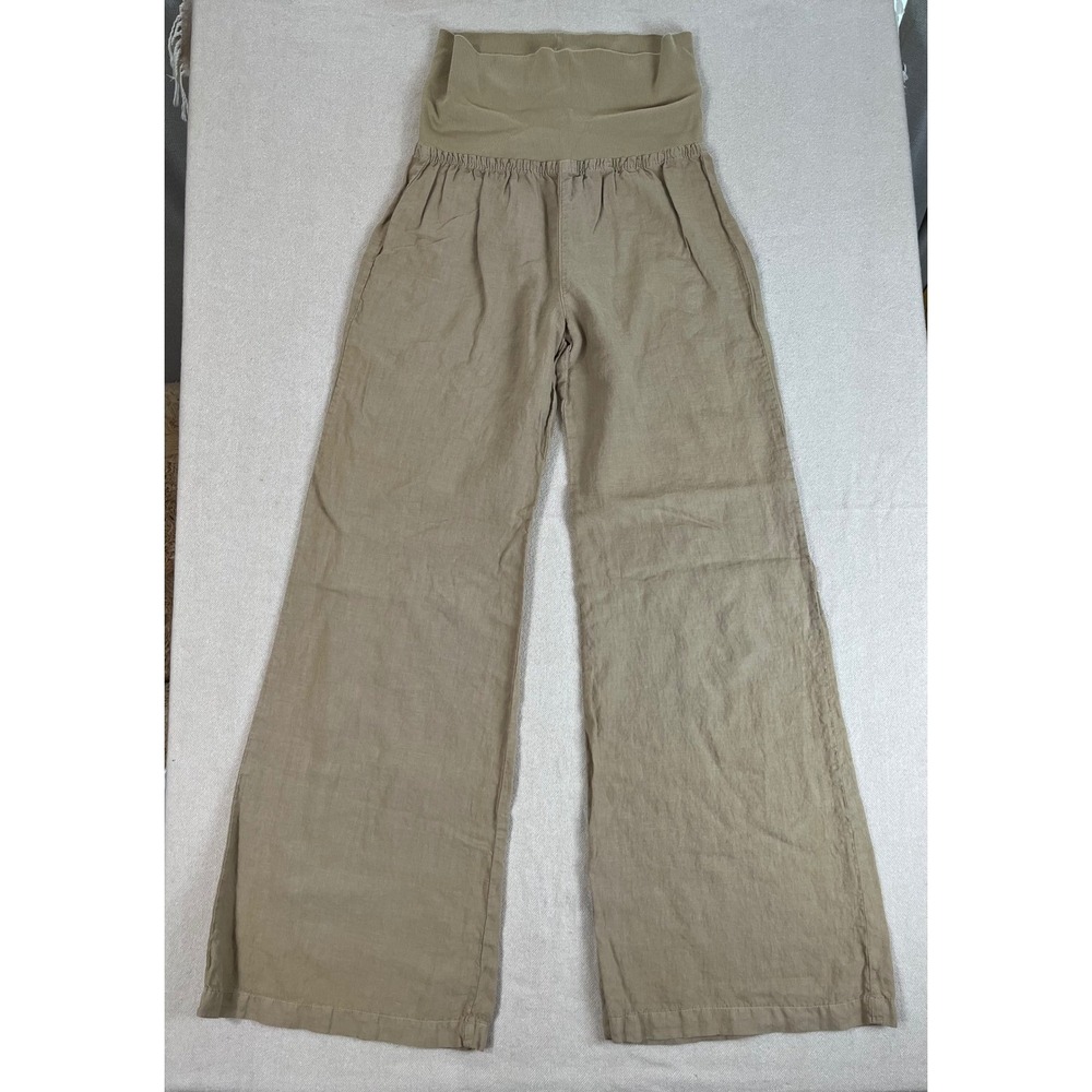 Bella Dahl Linen pants Women's Size L Tan Wide Leg Ribbed Waistband EUC